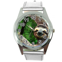 LAZY SLOTH  Steel SILVER LEATHER QUARTZ ANALOG WATCH UHR RELOJ LENIWIEC ZEGAREK