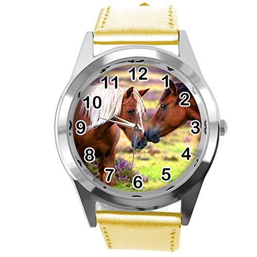 TAPORT Reloj redondo de cuero dorado para los amantes de los caballos E2