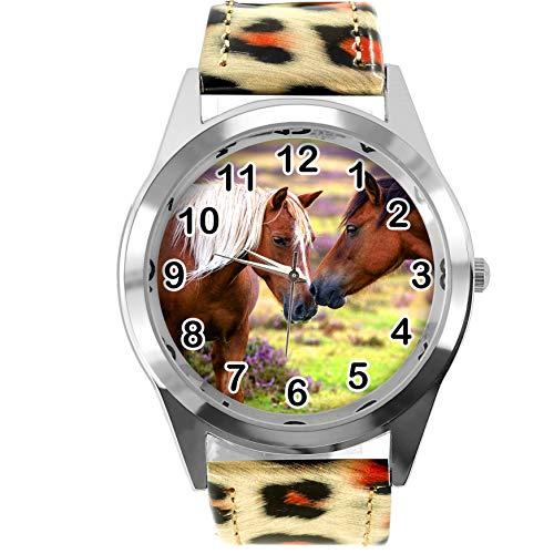 TAPORT Reloj redondo de piel con estampado de leopardo para los amantes de los caballos E2