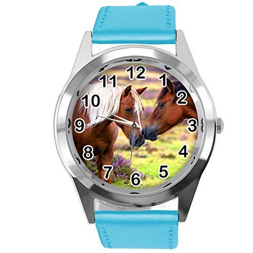 TAPORT Reloj redondo de cuero azul para los amantes de los caballos hermosos E2