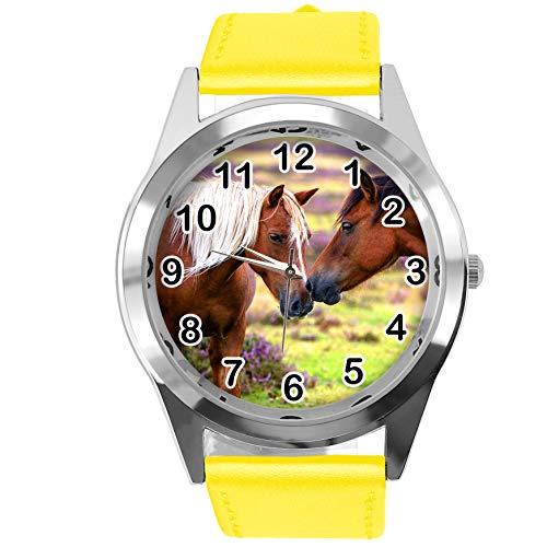 TAPORT Reloj redondo de cuero amarillo para los fans de caballos hermosos E2