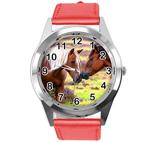 TAPORT Reloj redondo de cuero rojo para los amantes de los caballos E2