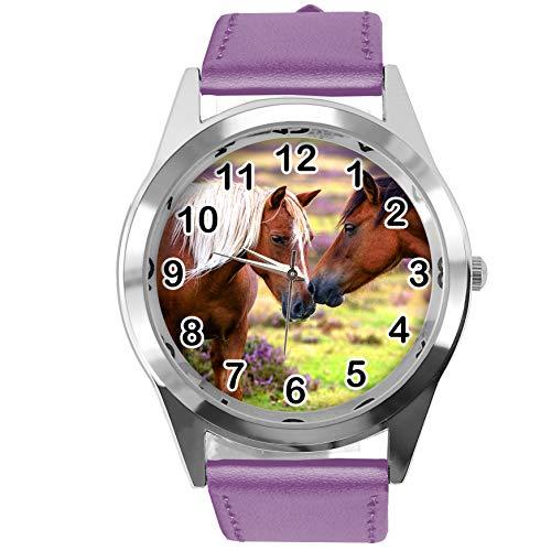 TAPORT Reloj redondo de cuero morado para los amantes de los caballos E2