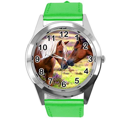 TAPORT Reloj redondo de cuero verde para los amantes de los caballos E2