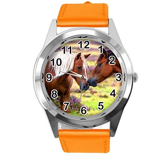 TAPORT Reloj redondo de cuero naranja para los amantes de los caballos hermosos E2