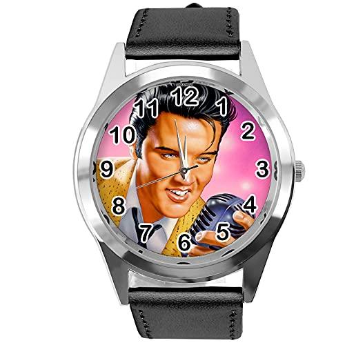 Black Leather Round Watch for Rock and ROLL Fans E1