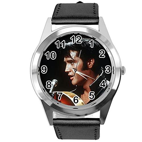Black Leather Round Watch for Rock and ROLL Fans E2