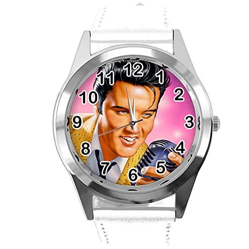 White Leather Round Watch for Rock and ROLL Fans E1