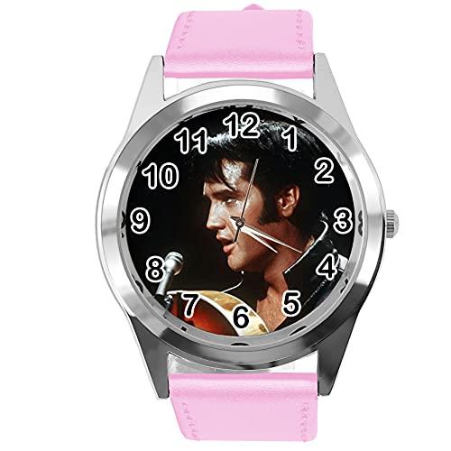 Baby Pink Leather Round Watch for Rock and ROLL Fans E2