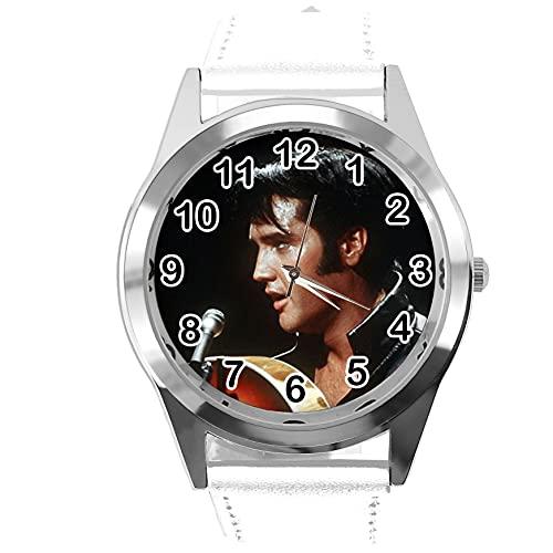 White Leather Round Watch for Rock and ROLL Fans E2