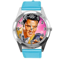 Blue Leather Round Watch for Rock and ROLL Fans E1