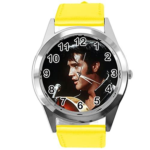 Yellow Leather Round Watch for Rock and ROLL Fans E2