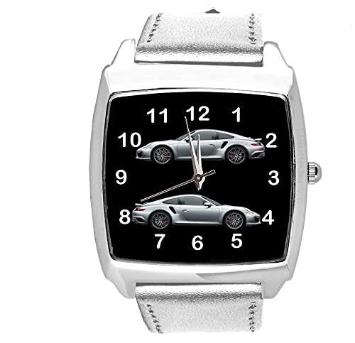 TAPORT Silver Leather Quartz Square Watch for Sport Cars Fans E1
