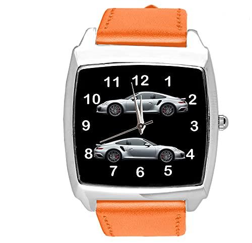 TAPORT Orange Leather Quartz Square Watch for Sport Cars Fans E1