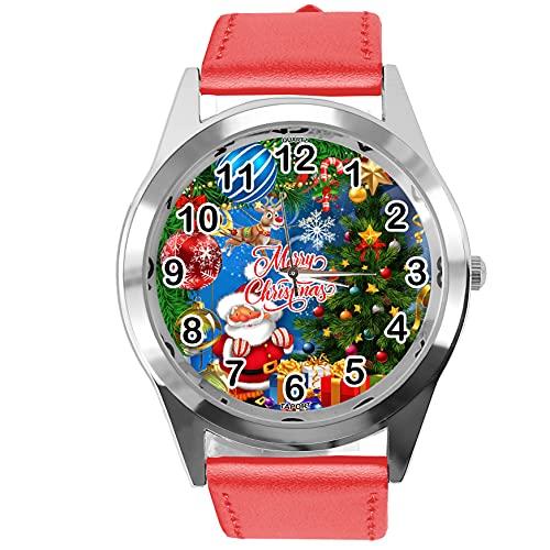 TAPORT RED Leather Round Quartz Watch for Christmas Fans E1
