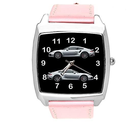 TAPORT Pink Leather Quartz Square Watch for Sport Cars Fans E1
