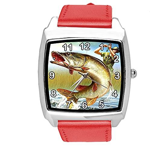 TAPORT RED Leather Quartz Square Watch for Fishing Fans E3