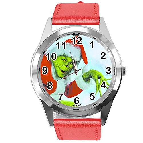 TAPORT RED Leather Round Quartz Watch for Christmas Fans E2