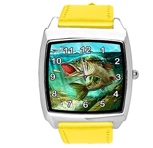 TAPORT Yellow Leather Quartz Square Watch for Fishing Fans E1
