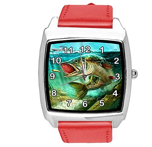 TAPORT RED Leather Quartz Square Watch for Fishing Fans E1