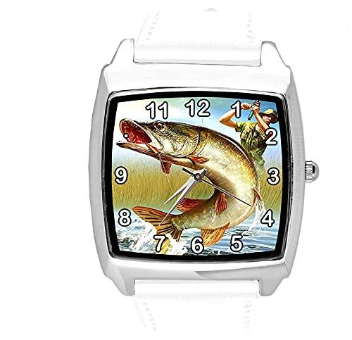 TAPORT White Leather Quartz Square Watch for Fishing Fans E3
