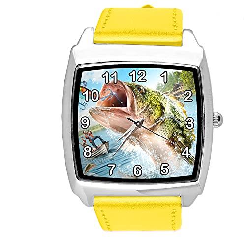 TAPORT Yellow Leather Quartz Square Watch for Fishing Fans E2