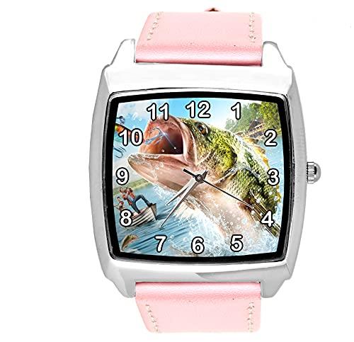 TAPORT Pink Leather Quartz Square Watch for Fishing Fans E2