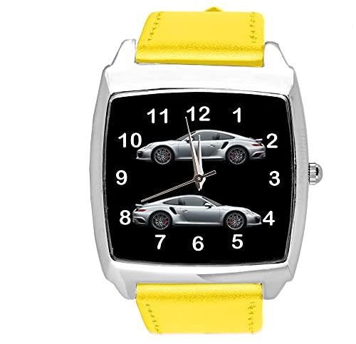 TAPORT Yellow Leather Quartz Square Watch for Sport Cars Fans E1