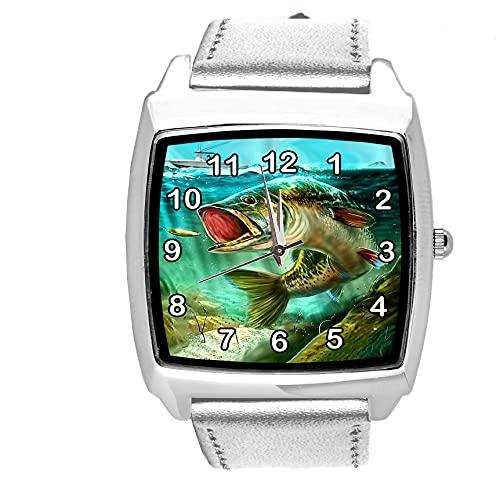 TAPORT Silver Leather Quartz Square Watch for Fishing Fans E1