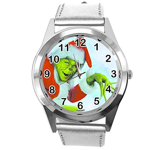 TAPORT Silver Leather Round Quartz Watch for Christmas Fans E2
