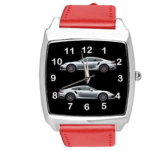 TAPORT RED Leather Quartz Square Watch for Sport Cars Fans E1