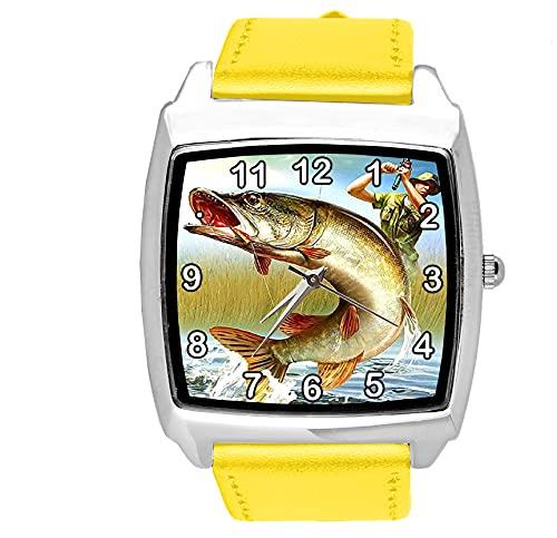 TAPORT Yellow Leather Quartz Square Watch for Fishing Fans E3