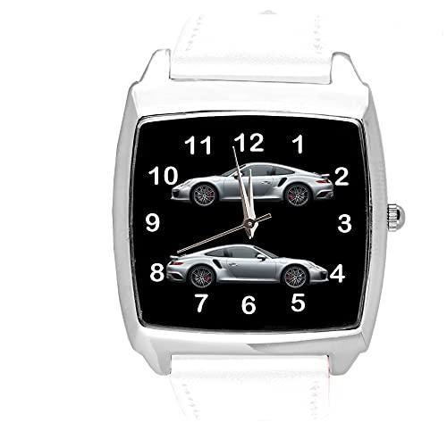 TAPORT White Leather Quartz Square Watch for Sport Cars Fans E1