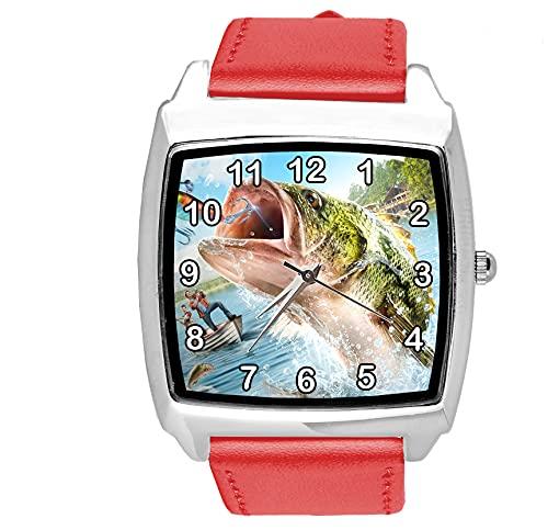 TAPORT RED Leather Quartz Square Watch for Fishing Fans E2