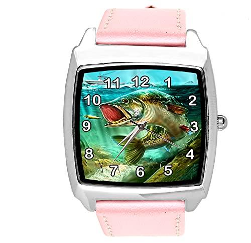 TAPORT Pink Leather Quartz Square Watch for Fishing Fans E1