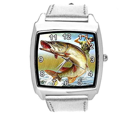TAPORT Silver Leather Quartz Square Watch for Fishing Fans E3