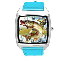 Blue Leather Quartz Square Watch for Fishing Fans E3