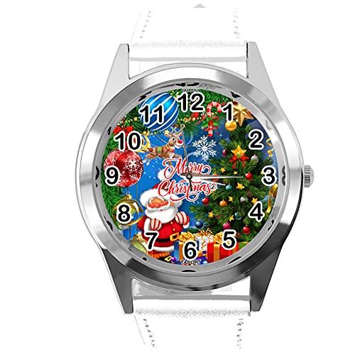 White Leather Round Quartz Watch for Christmas Fans E1