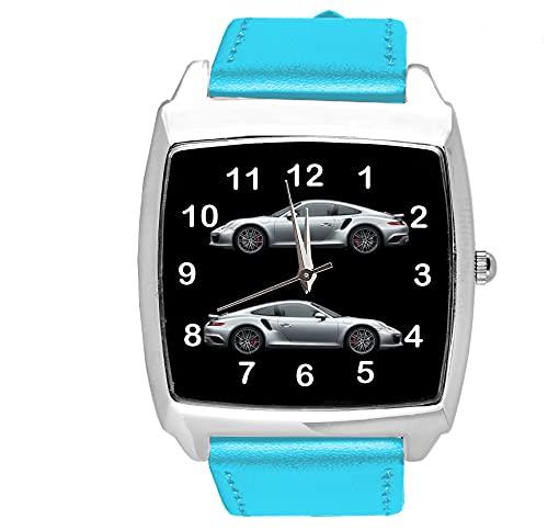 Blue Leather Quartz Square Watch for Sport Cars Fans E1