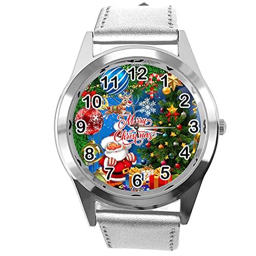 TAPORT Silver Leather Round Quartz Watch for Christmas Fans E1