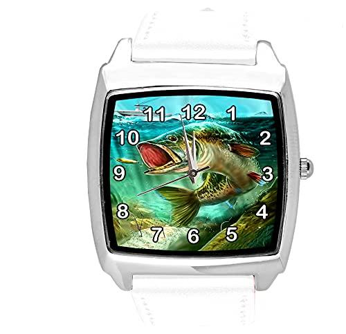 TAPORT White Leather Quartz Square Watch for Fishing Fans E1