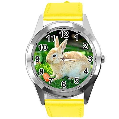 Yellow Leather Round Quartz Watch for Rabbits Fans e2