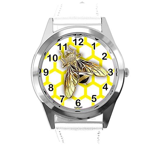 White Leather Round Quartz Watch for BEE Fans