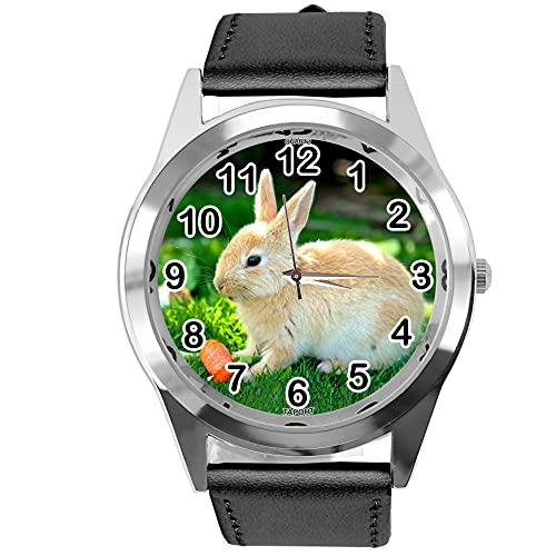 Black Leather Round Quartz Watch for Rabbits Fans e2