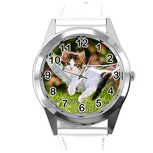 White Leather Quartz Watch for Kittens Fans E2