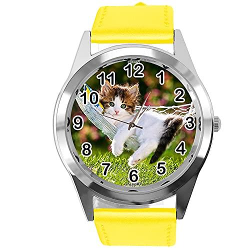 Yellow Leather Quartz Watch for Kittens Fans E2