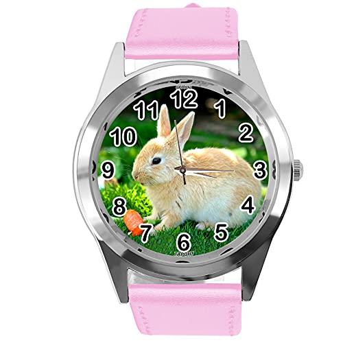 Baby Pink Leather Round Quartz Watch for Rabbits Fans e2