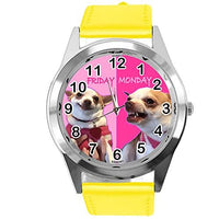 Yellow Leather Quartz Round Watch Monday Friday Fun Chihuahua