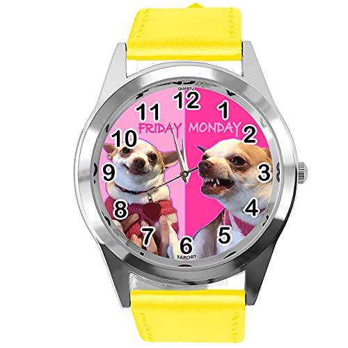 Yellow Leather Quartz Round Watch Monday Friday Fun Chihuahua