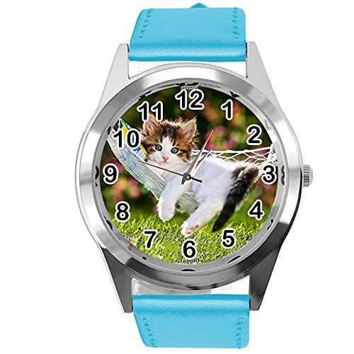 Blue Leather Quartz Watch for Kittens Fans E2